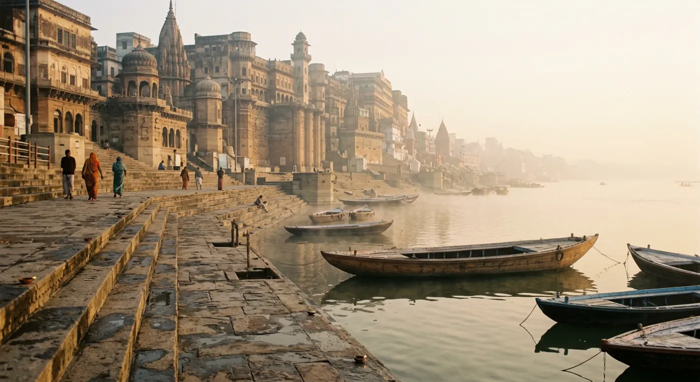 A quiet Varanasi ghat at early morning with moored wooden boats and temple spires behind