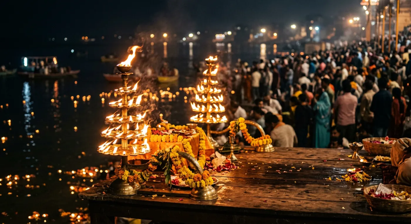 Tiered brass aarti lamps with tall flames on a platform beside the Ganga at night