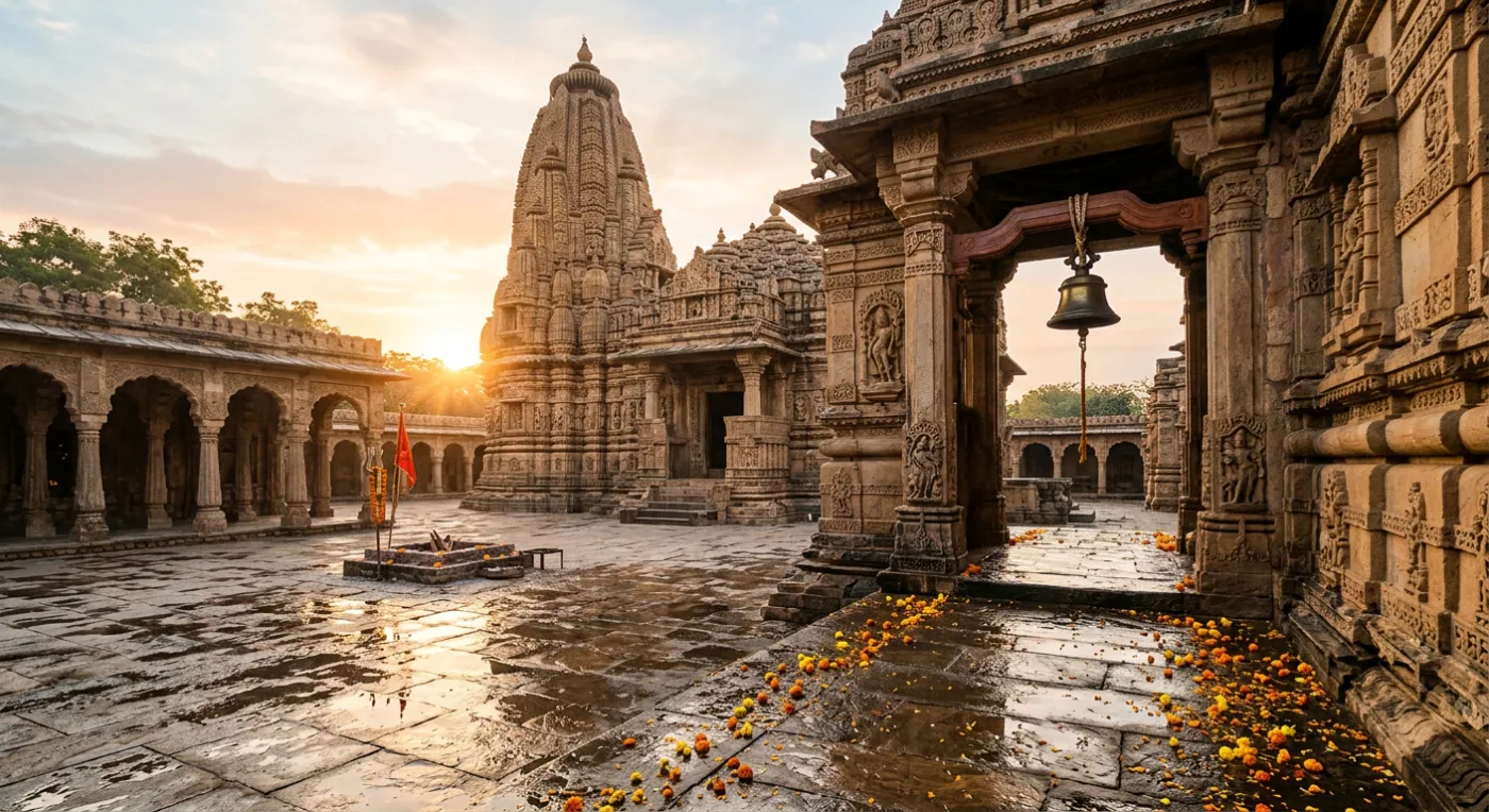 A North Indian stone temple courtyard at sunrise with a brass bell and scattered marigold petals