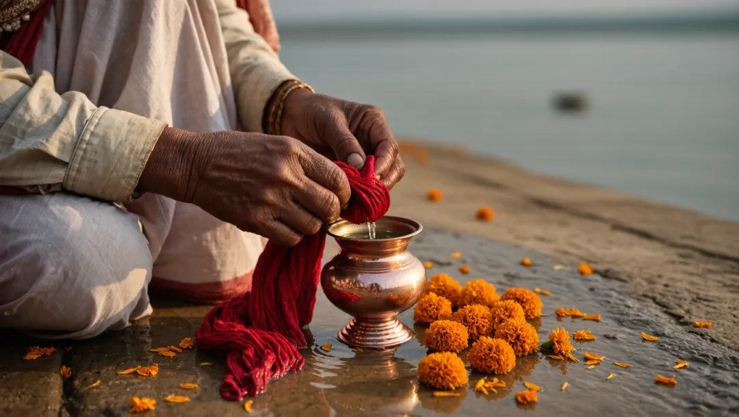 Hands tying red cloth over a small pot of Ganga water on the ghat steps