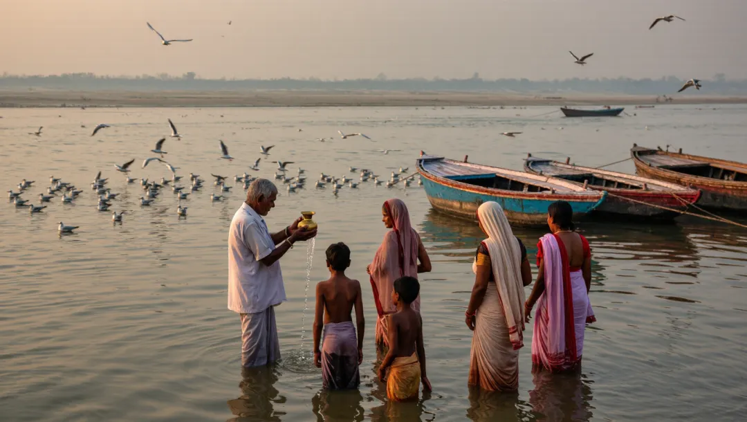 A family standing in the river at dawn while an elder pours water from a brass lota