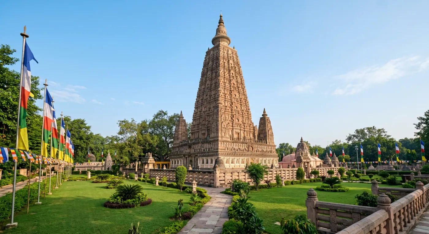 The Mahabodhi Temple at Bodhgaya, its pyramidal stone tower rising above green lawns