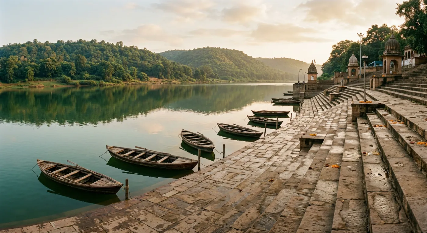 Stone steps at Ramghat descending to the calm Mandakini river at Chitrakoot, with wooden boats moored