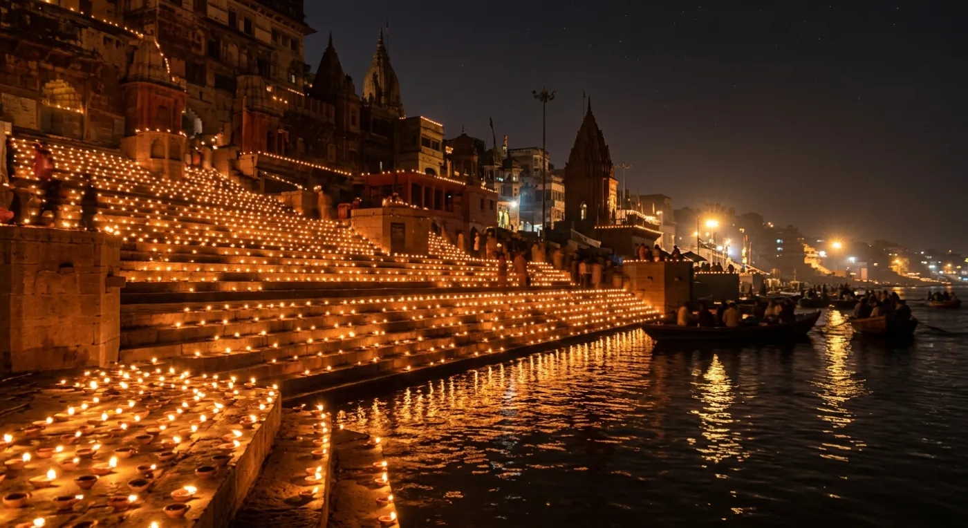 Dev Deepawali — The lit ghats on 24 November 2026, with the walk and the barricades planned for.