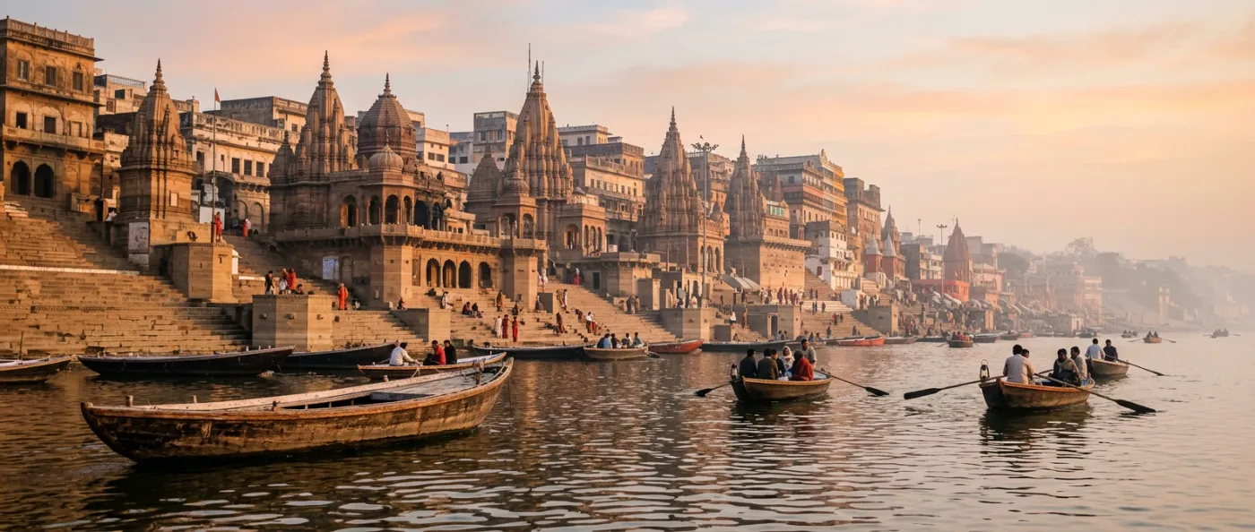 The tiered ghats of Varanasi rising from the Ganga at sunrise, with rowing boats on the water