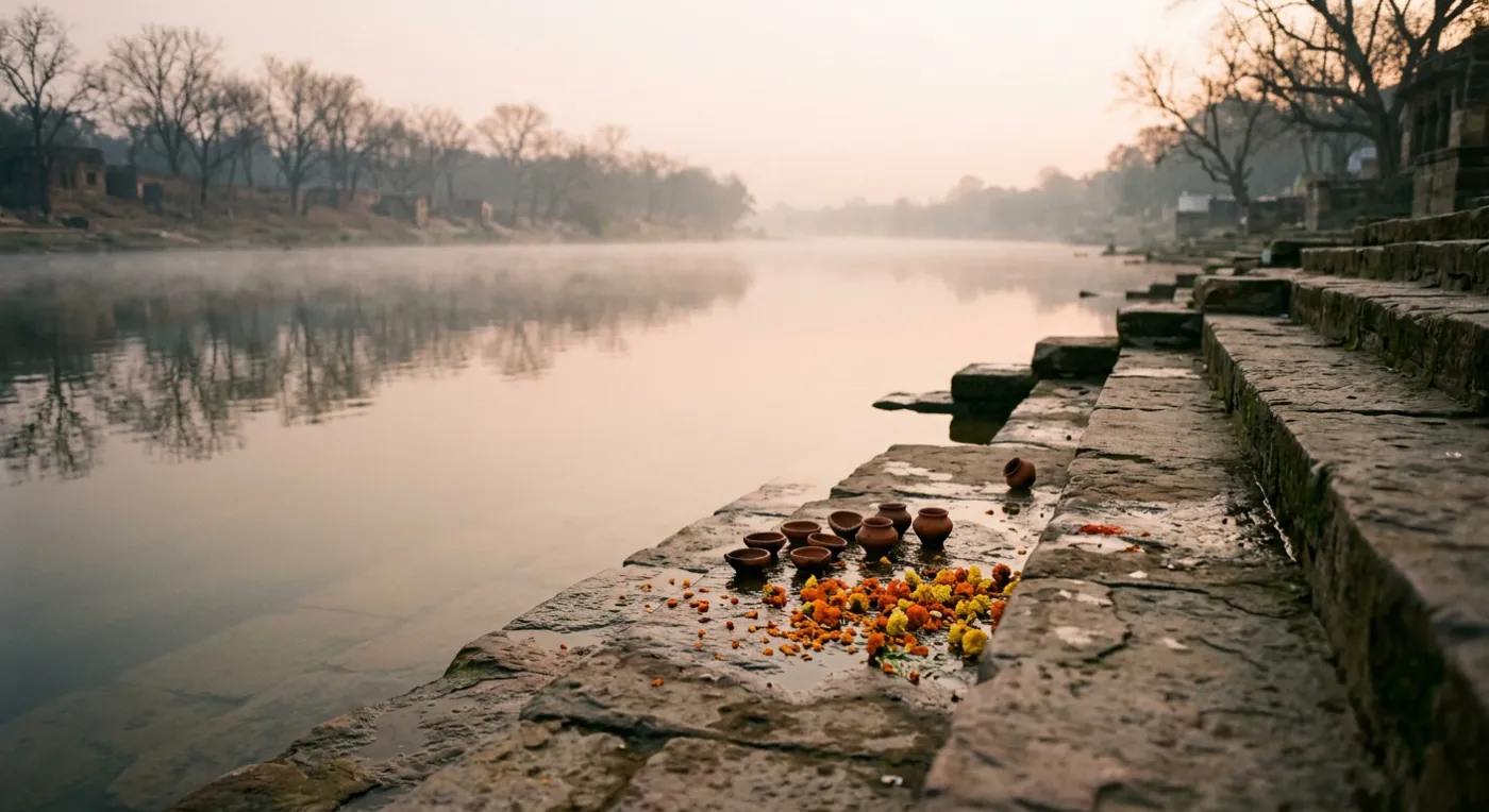 A quiet riverside ghat at dawn with stone steps down to a shallow river and marigold petals