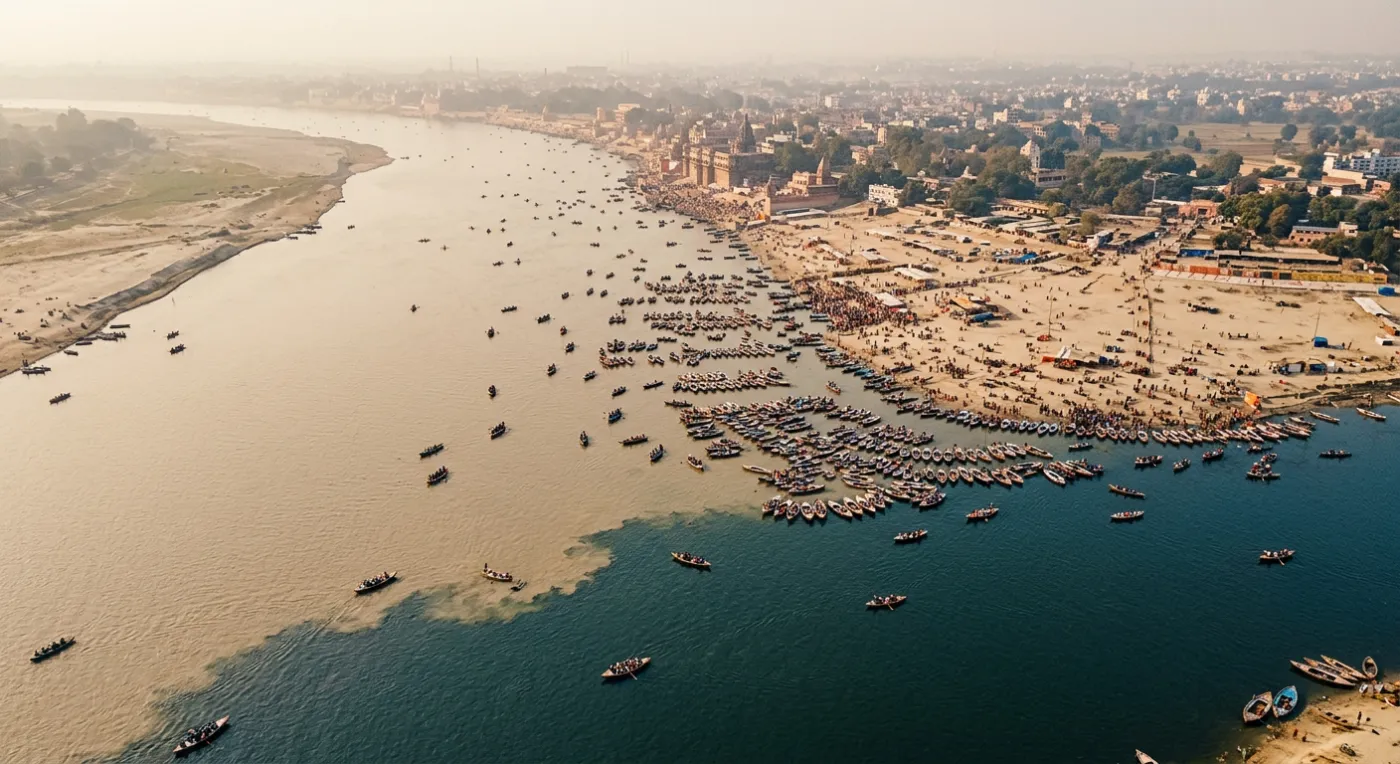 The Triveni Sangam at Prayagraj where two rivers of different colours meet, with wooden boats on the water