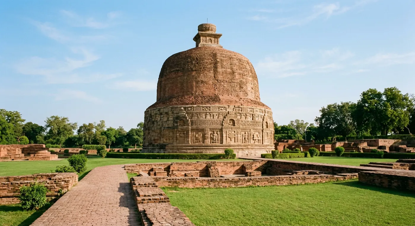 The Dhamek Stupa at Sarnath, a large cylindrical stone stupa with carved bands on green lawns
